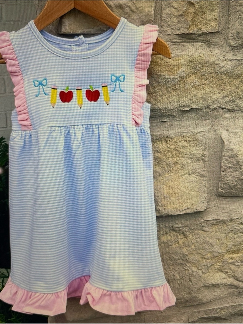 Blue & Pink Striped Girls' Ruffle Dress with Apple Embroidery